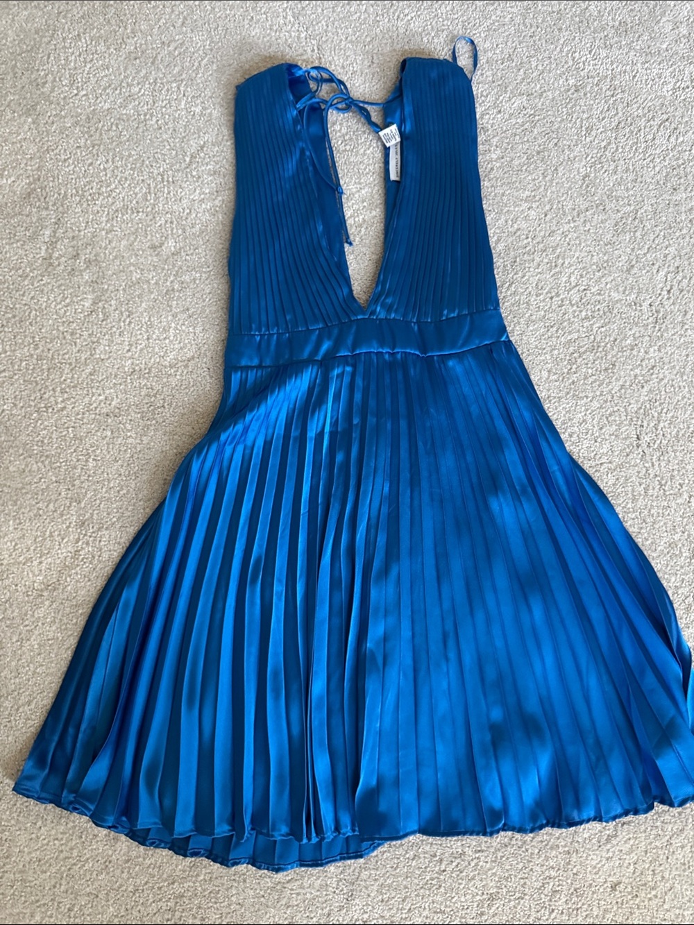 Sincerely Jules Pleated Satin Deep V Mini Dress in Electric Blue